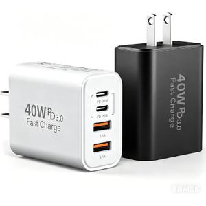 USB C Charger Block, 2-Pack 40W 4-Port Multiple Type C Fast Charging Phone Charger Brick +QC 3.0 USB A Wall Plug Out let Multiport Box Cube for Phone 15/14/13/12/11 Pro Max, Galaxy, Pixel, Black+White