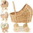 Wicker Baby Carriage for Baby Shower Vintage Wicker Stroller Woven Rattan Flower Basket Rustic Decorative Cart Storage with Handle for Floral Arrangement Wedding Photo Props(Wood Color,24 in)