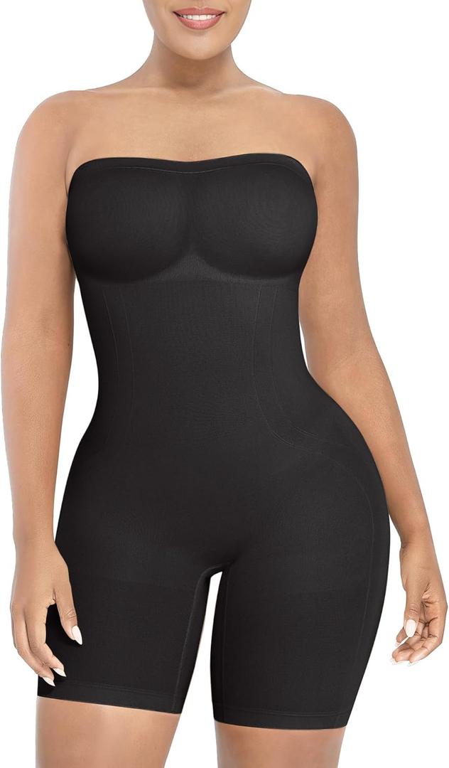 SHAPELLX Women's Shapewear Bodysuits Tummy Control Butt Lifter Body Shaper Strapless Seamless Mid Thigh Jumpsuit Tops (X-Large-XX-Large, A1-black-shorts)