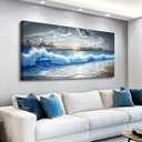PHAOHUAXM Large Canvas Wall Decor For Living Room Wall Art For Bedroom Office Dining room Decor Modern Black White And Blue Ocean Wave Painting Printed Artworks Wall Pictures Home Decor 24"X48"