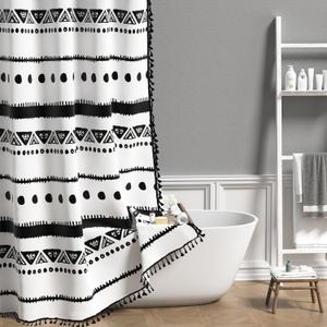 AOFOTO Boho Shower Curtain Black Striped Geometric Pattern Shower Curtains for Bathroom Tassel Bohemian Shower Curtain Modern Bathroom Home Decor with Hooks Waterproof 70x84 Inches