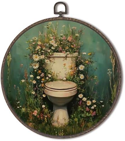 XNXLDYLH Vintage Floral Emerald Green Bathroom Round Framed Wall Art Decor, Dark Hunter Green Toilet Hanging Wall Decor for Bathroom, Plant Canvas Prints Wall Art Paintings, 10x10 Inch