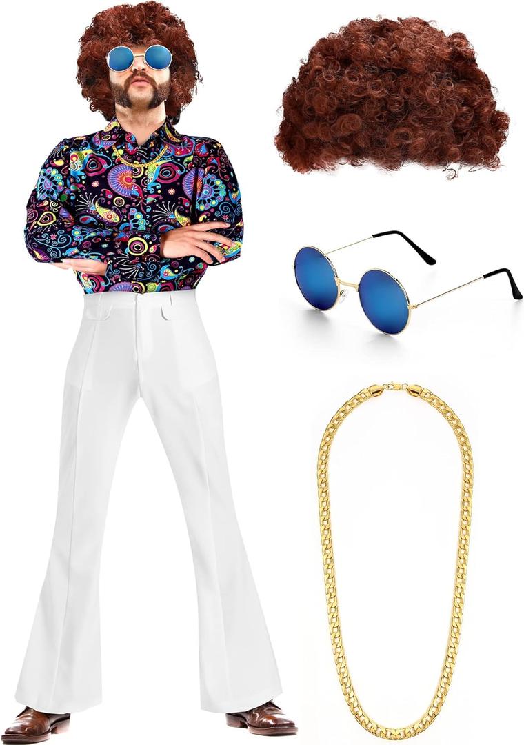 Eurzom Disco Costume Set Including Men's Disco Shiny Shirt Pant Funky Afro Wig Necklace Sunglasses for 60/70/80/90s Party (Large, Neon Style)