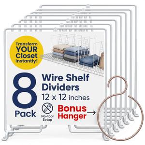 White Wire Shelf Dividers for Closet Organization  8-Pack  Sturdy and Easy Set-Up Closet Shelf Dividers with Bonus Rose Gold Hanger  12 inches x 12 inches