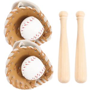 2 Sets DIY Miniature Baseball Bat Glove Ball Set, Decorative Dollhouse Accessories Photography Props (Khaki)