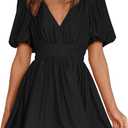 BWQ Women Mini Dress Short Puff Sleeve Sexy V Neck Dress A-line Elastic High Waisted Casual Flowy Summer Dresses, L