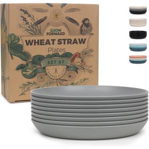 Grow Forward Premium Wheat Straw Dessert Plates - 8 Inch Reusable Hard Plastic Plates Set of 8 - Unbreakable Microwave Safe Plates for Dinner, Camping, RV, Outdoors, Patio, Kitchen Dishes - Feather