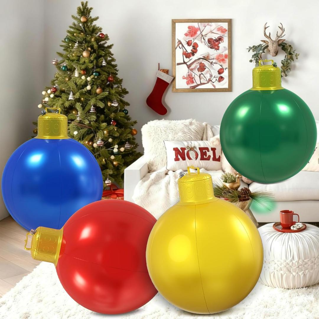 4 Pcs 16 Inch Large Inflatable Christmas Ornaments Balls for Outdoor Decoration, Big Inflatable Christmas Decoration Balls for Yards, Lawns, Porches, Gardens, Front Doors or Windows Decor