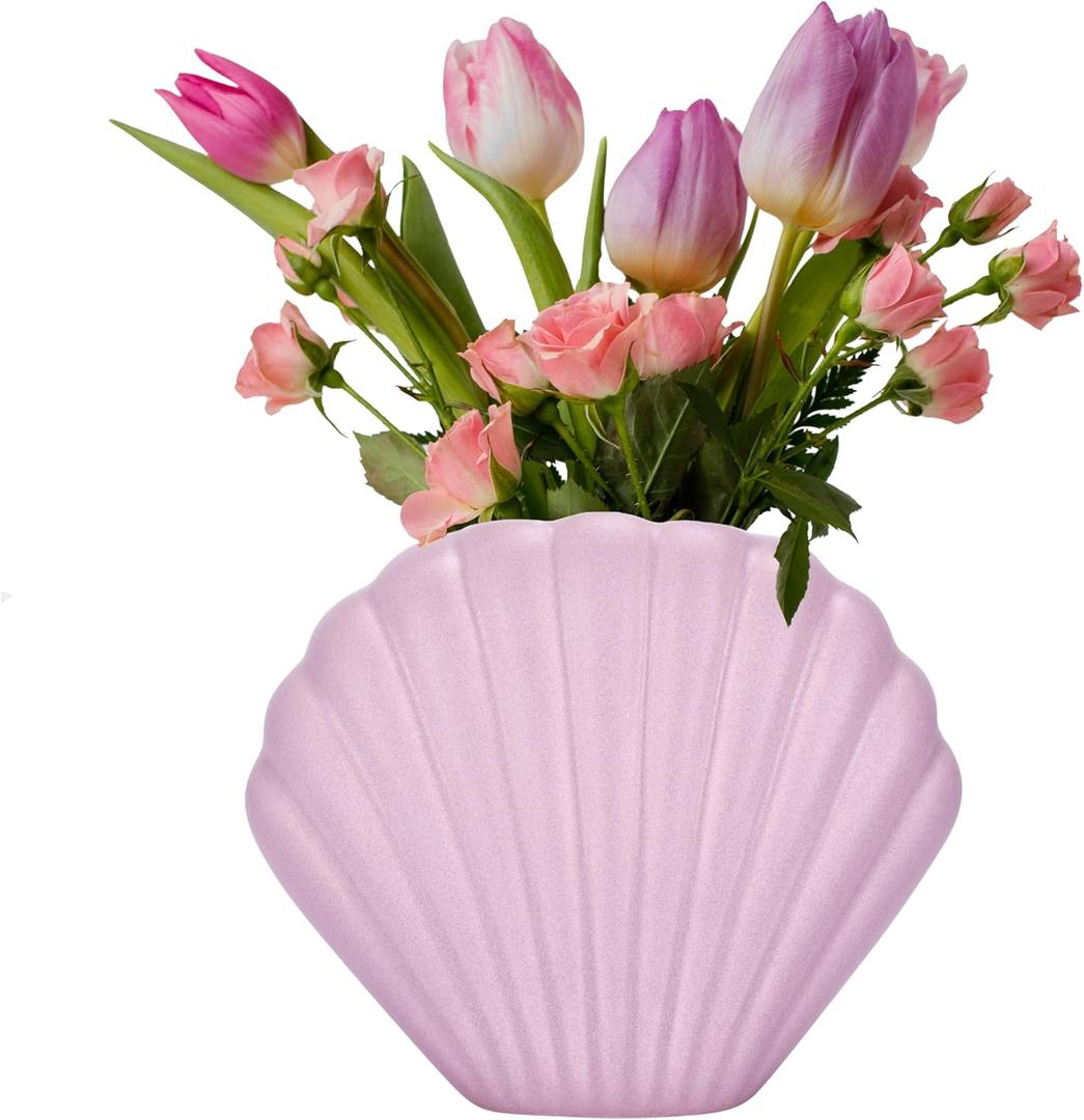 MEANT2TOBE Ceramics Shell Vases for Decor - Handmade Pink Matte Vase with Unique Art Shell Design - Funky Decorative Vase for Living Room, Bedroom, Kitchen - 6.6" H x 5.7" L x 2.5" W