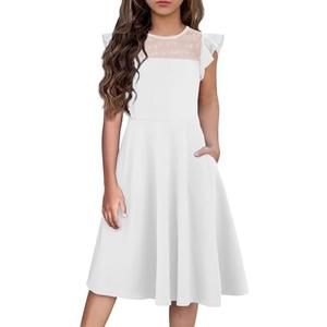 Flypigs Girls Dresses Summer Formal Party Wedding Ruffle Sleeve Mesh Knee Length A Line Dress with Pockets Size 165