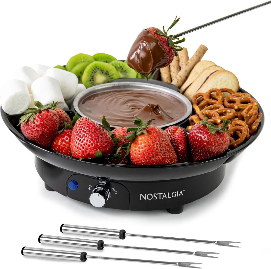 Nostalgia Electric Fondue Party Set  10 oz Melting Pot, 4 Roasting Forks, & Detachable Serving Tray  Melted Cheese, Chocolate, or Dessert  Perfect for Gifts, Parties, Date Night  Black