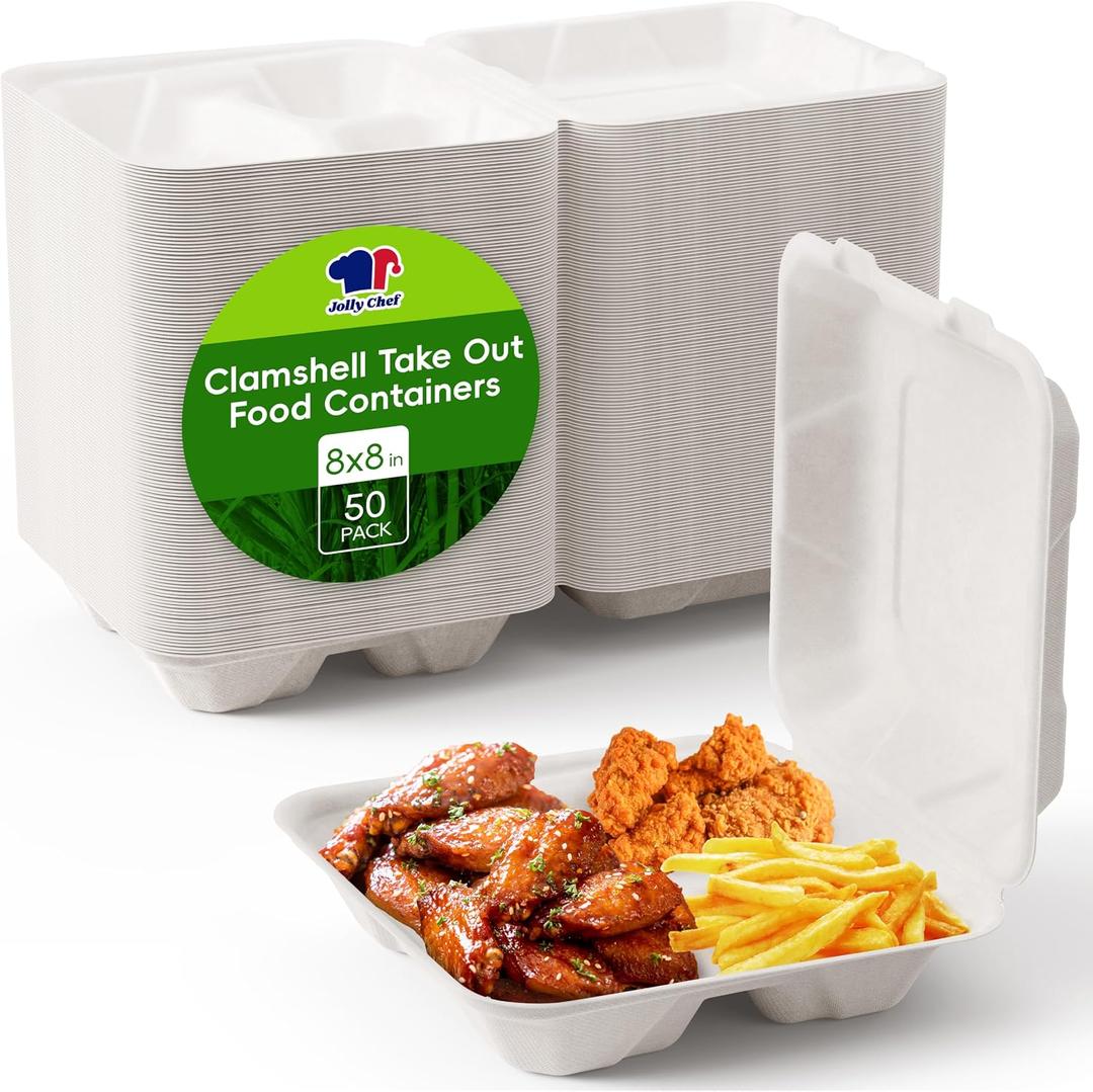 JOLLY CHEF Disposable Clamshell Take Out Food Containers, [8 * 8" 50-Pack] 3-Compartment Sugarcane Clamshell Takeout Boxes, 50-Pack To Go Boxes for Restaurants & Meal Prep