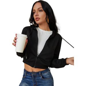 Women's Zip Up Hoodies Cropped Cardigan Jacket Drawstring Hooded Sweatshirts Casual Long Sleeve Top… (Black, L)