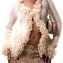 WDIRARA Women's Fuzzy Trim Cardigan Sweater Goth Punk V Neck Long Sleeve Knit Outerwear (Medium, Apricot)