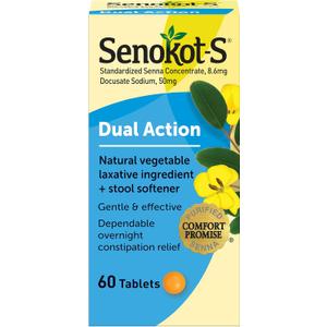 Senokot-S Dual Action 60 Tablets, Natural Vegetable Laxative Ingredient Plus Stool Softener Tablets, Gentle Dependable Overnight Relief Of Occasional Constipation White