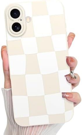 KANGHAR Compatible with iPhone 17 Case 2025, Silicone Checkered Cute Pattern, Camera Protection Soft Slim Phone Cover for Girls Women -White