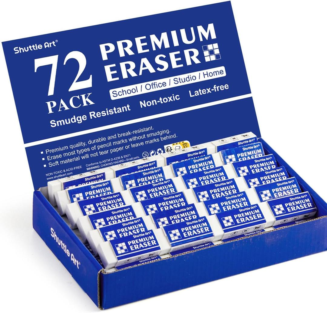 Erasers, Shuttle Art 72 Pack Premium Erasers Bulk, White Eraser Classroom Set for Kids Teachers as School and Office Supplies