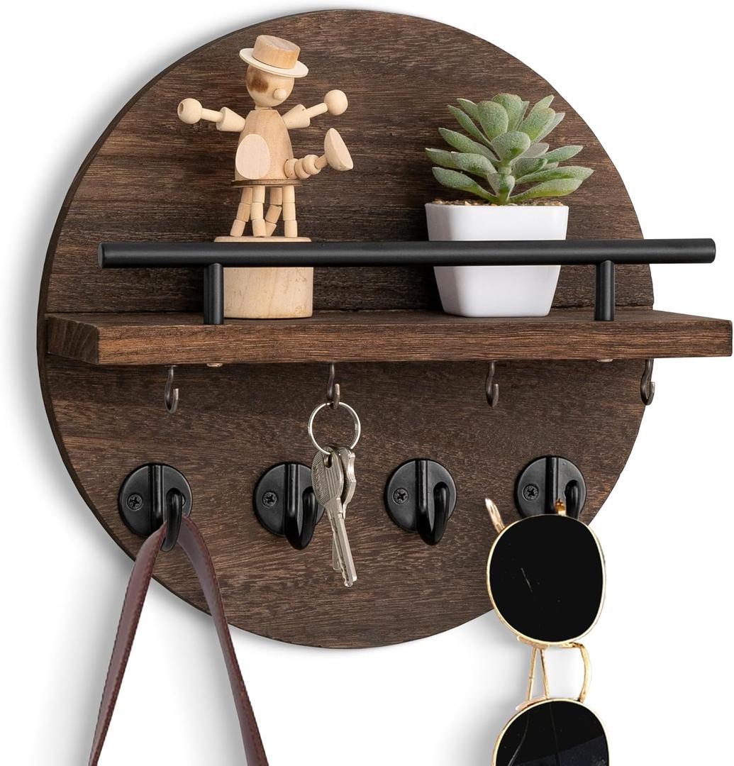 Key Holder Wall Mount - 10.2 Inch Decorative Key Rack and Mail Organizer with 8 Key Hooks - Wooden Key Hanger with Shelf for Wall and Home Decor (Brown)