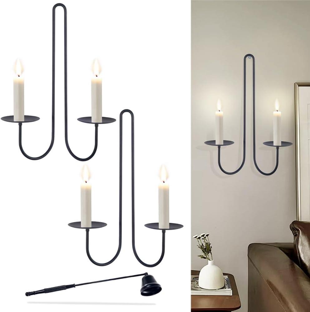 Double Armed Candle Sconce Holder, Set of 2 Wall Candle Holders with Candle Snuffer, Modern Wall Iron Candle Sconces Hanging Decorations for Living Room, Farmhouse, Fireplace, Wedding