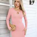 VICHYIE Women Square Neck Ribbed Bodycon Tight Dress Long Sleeve Mid Thigh Pencil Above Knee Dresses (Pink, XL)