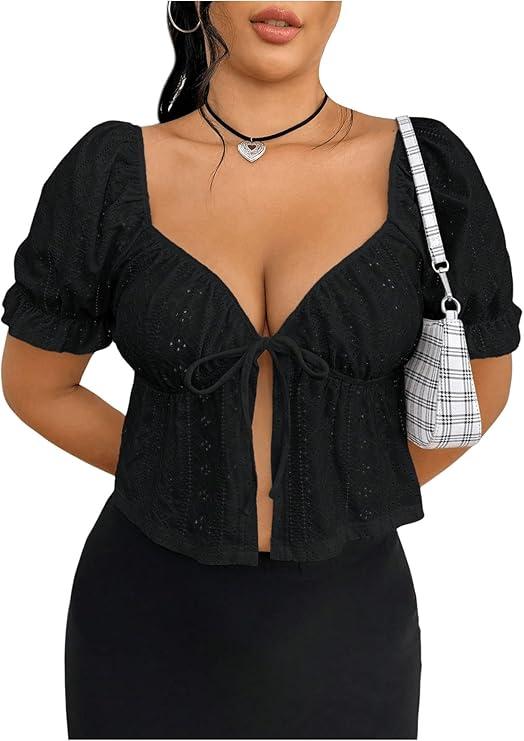 OYOANGLE Women's Plus Size Tie Front Sweetheart Neck Crop Top Puff Short Sleeve Flared Hem Tees XL