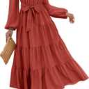 dowerme Women's Long Sleeve Dress 2026 Button Down Belted A-Line Flowy Spring Outfits Ruffle Maxi Holiday Party Dresses (S)