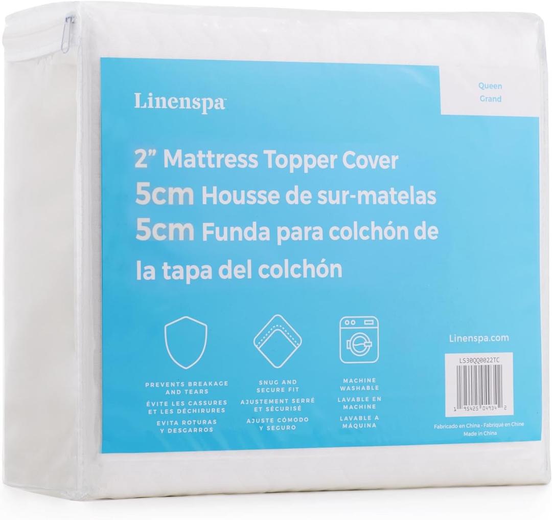 Linenspa 2 Inch Mattress Topper Cover, Full  Machine Washable, Breathable, Non Slip Covering with Zipper for Mattress Topper - Cover Only, White