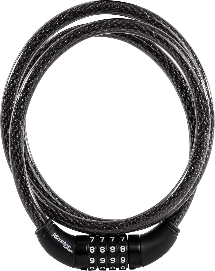 Master Lock Black Set Your Own Combination Bike Lock, Metal Cable Lock has a Weather Resistant Vinyl Coating for Outdoor Durability, 5 Feet Long, 8370D