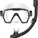 Snorkel Set Adults Snorkeling Gear Anti-Leak and Anti-Fog Tempered Glass Lens Panoramic View Swim Mask Dry Top Snorkel Kit for Snorkeling Scuba Diving Swimming Travel with Carry Bag (Black+Transparent)