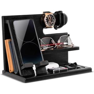 TESLYAR Wood Phone Docking Station for Men  Desktop or Nightstand Organizer  Birthday Gifts for Men, Dad  Anniversary Idea from Wife  Key Holder, Stand Wallet, Watch & Essentials (Black)