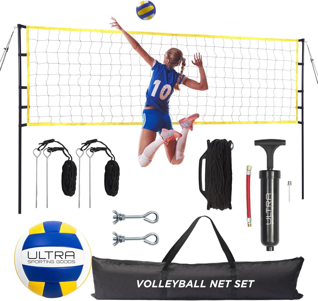 Volleyball Net for Backyard, Includes 32x3 Ft Beach Volleyball Net with Poles, 8.5-Inch PU Volley Ball, Bag & Pump, Portable Net for Outdoor or Home Use, Complete Set