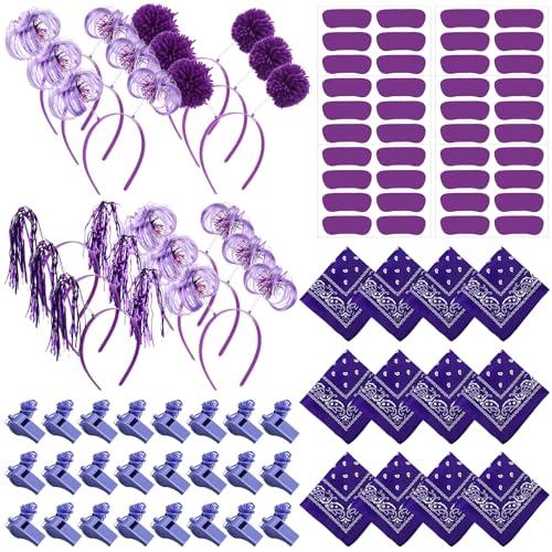 Canlierr 54 Pcs Team Spirit Items Bulk Team Spirit Week Accessories Include Pom Pom Headbands Bandana Whistles Stickers for Sports Events Cheering Essentials(Purple)