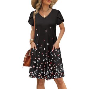 OFEEFAN Womens Summer Dresses 2025 Tulip Petal Short Sleeve V Neck Loose Swing Sundresses with Pockets Plain/Print (S)