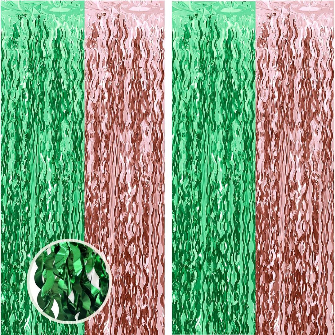 2 x Wavy Green and Bronze Tinsel Foil Fringe Curtains Photo Booth Props for Football Party Decorations,Super Bowl Sunday Party Decorations(2pcs 3.2ftX6.6ft)