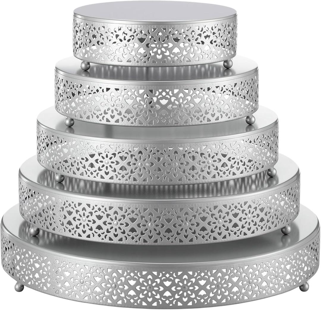 Wenqik 5 Pcs Metal Silver Cake Stand 16/14/12/10/8 Inch Round Cake Holder Display for Dessert Table Cookies Fruit Serving Tray Cupcake Pastry Riser for Wedding Birthday Party and Events