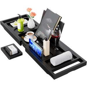 Yirilan Bath Tray, Foldable Bathtub Caddy, Adjustable Premium Bamboo Bathroom Tray for Tub, for Home Spa - Couples Wedding Gifts - Black