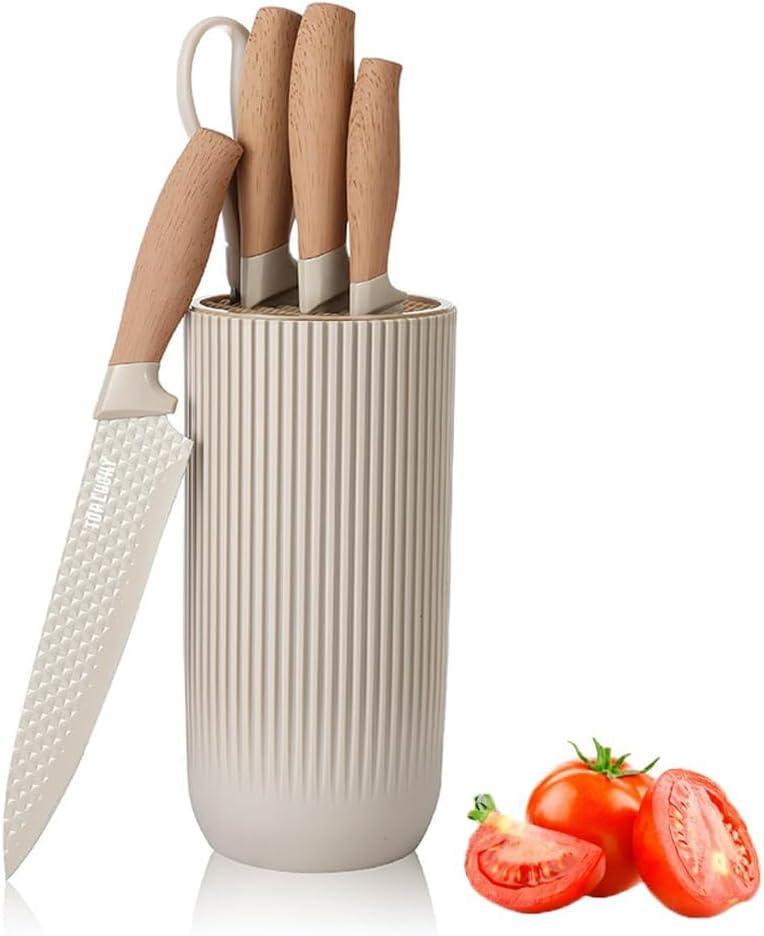 Knife Set, Wiztoynia 6-Piece Khaki Kitchen Knife Set for Home, Anti-Rust Non-stick Stainless Steel Sharp Chef Knife Set with Universal Knife Block for Kitchen, Ergonomical Design (Khaki)