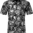 ZEROYAA Men's Luxury Paisley Shiny Stylish Slim Fit Short Sleeve Button Up Dress Shirt ZLCL23 Black Silver X-Large