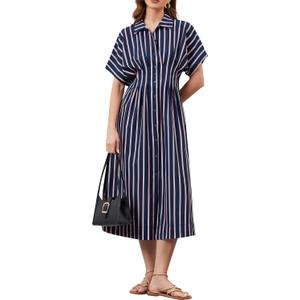 Women's Striped Button Front Pleated Maxi Shirt Dress Short Sleeve Collar V Neck Summer Casual Corset Long Dress (Blue, XL)