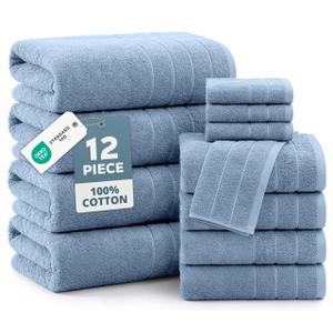Casa Platino Premium Cotton Bath Towel 12 Piece Set - Super Soft, Quick Dry & Absorbent - 4 Bath, 4 Washcloths, 4 Hand Towels for Bathroom - Hotel Quality & Suitable for Family - Cerulean Blue