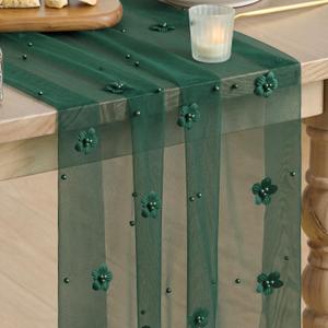 Artoid Mode Green Flower Pearl Green Gauze Table Runner 10FT, Seasonal Sheer Dining Holiday Wedding Birthday Baby Shower Table Decor for Home Party