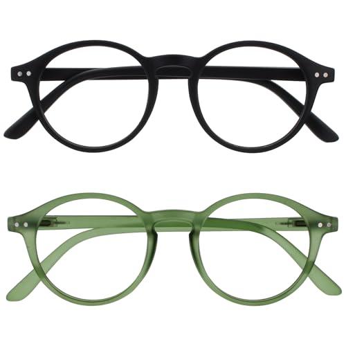 OPULIZE REY Reading Glasses for Women Men, Retro Round Frame with Spring Hinges, Matte Black, Green +1.50 (Pack of 2)