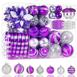 130pcs Christmas Ball Ornaments Set, Shatterproof Christmas Tree Ball Ornament Decoration, Plastic Xmas Ornaments Bulk Hanging Balls, Holiday, Home, Wedding Party, Purple and Silver