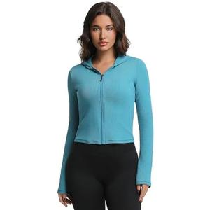 Abonlen Ribbed Hoodies for Women Lightweight Full Zip Up Jackets Long Sleeves Tops Fitted Cropped Sweatshirt L