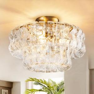 Flush Mount Ceiling Light, 18'' Modern Brass Light Fixtures Ceiling Mount, 3-Light Glass Drum Light Fixture for Dining Room Bedroom Living Room Hallway Lighting Fixture