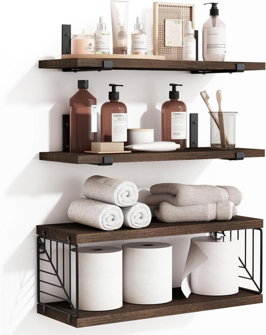 Fixwal Bathroom Floating Shelves Over Toilet, 15.8in Farmhouse Rustic Wood Shelves, Wall Decor for Bathroom, Living Room, Bedroom and Kitchen (3 Plus 1 Tier Dark Brown)
