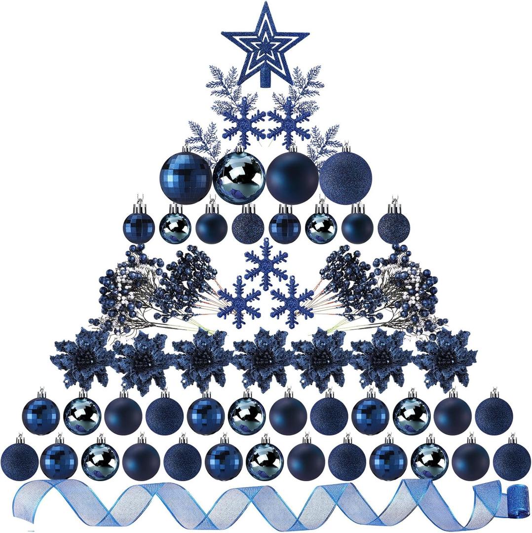 Sratte 94 Pcs Christmas Tree Decorations Set, Christmas Tree Ball Ornaments Glitter Poinsettia Flowers Decorations Glitter Berries Stems for Xmas Holiday Wedding(Navy Blue)