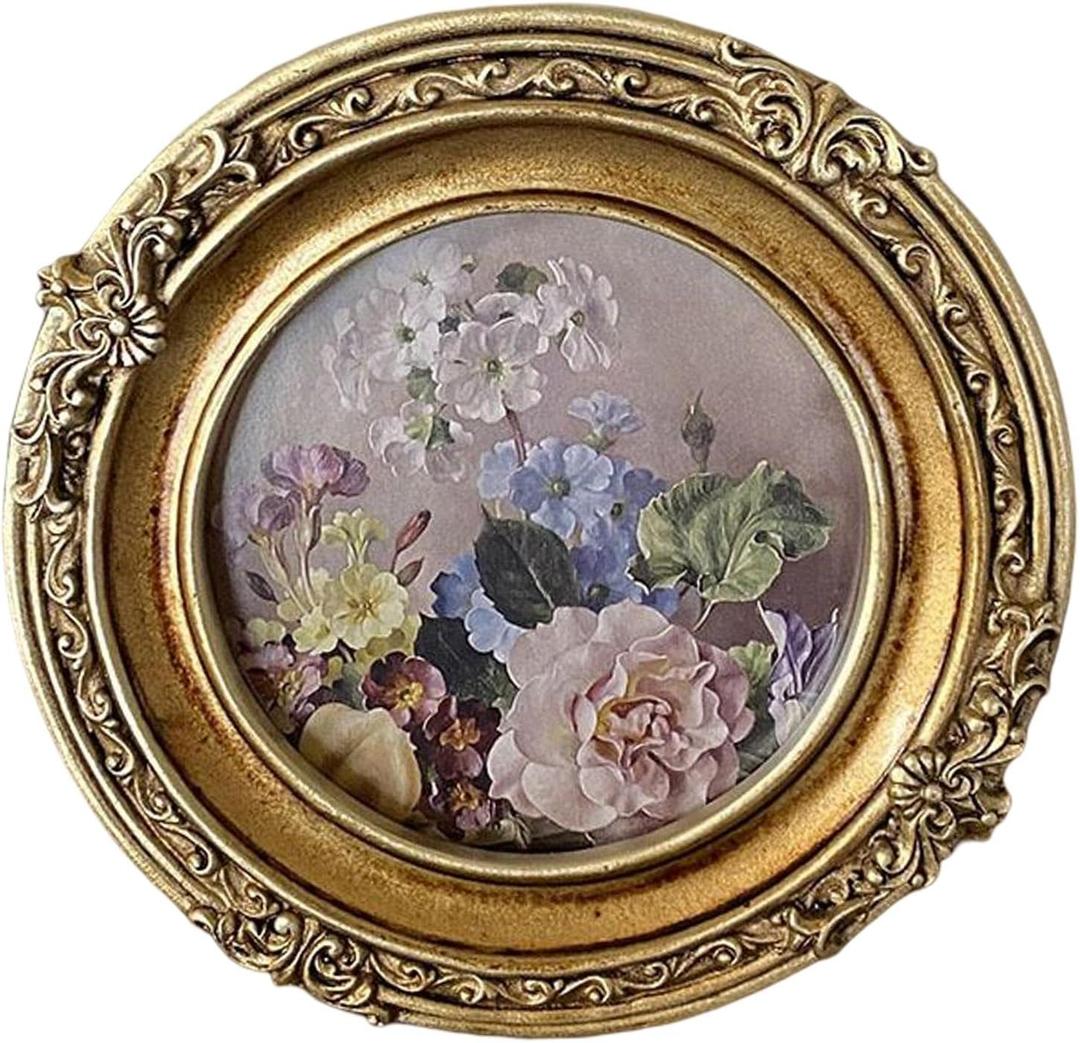 4 Inch Round Shape Resin Photo Frame, Vintage Gold Picture Frame, Photo Tabletop & Wall Display Hanging Display & Home Decor (Gold 2)