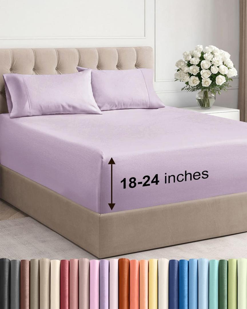 Extra Deep King Sheet Set - 4 Piece Breathable & Cooling Bed Sheets - Easily Fits 18 to 24 inch Mattress - Ultra Soft, Wrinkle & Fade Free w/ Extra Deep Pockets - Hotel Luxury Bedding - Light Lavender