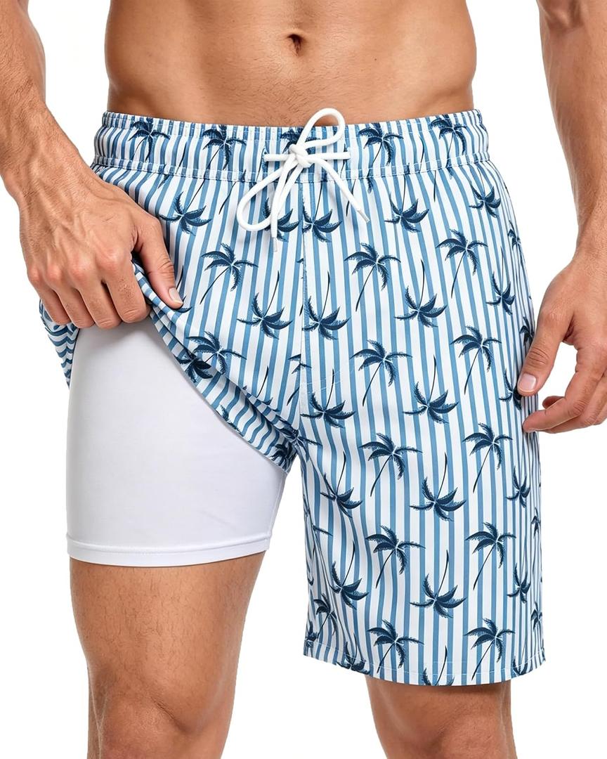 Fasker Mens Swim Trunks with Compression Liner 7" Inseam Quick Dry Bathing Suit Beach Shorts Swimming Trunks with Pockets (Blue, L)